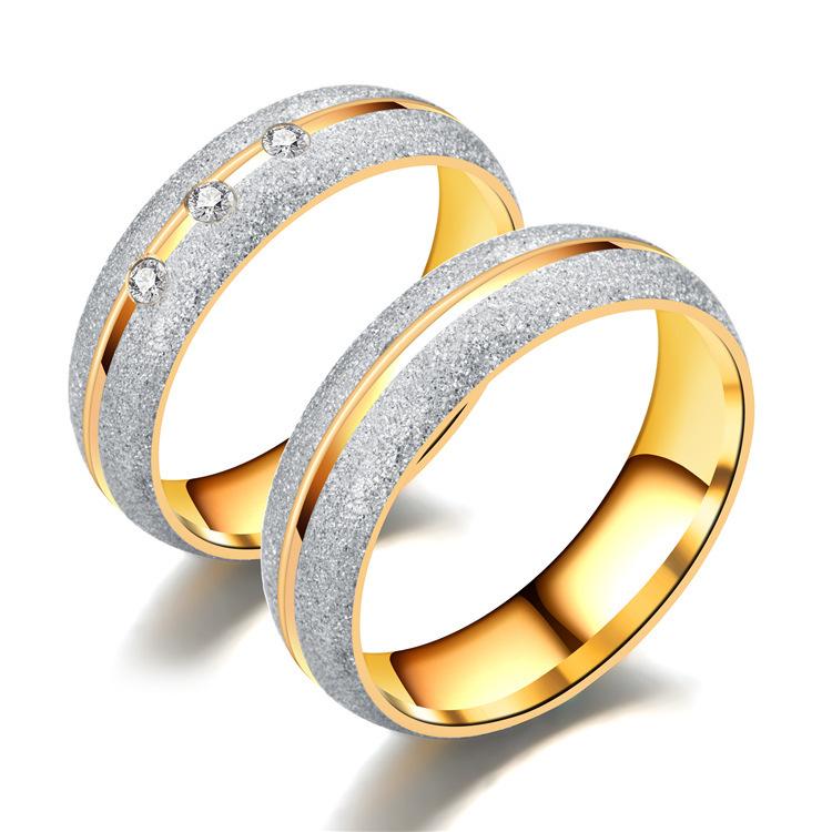 Couple's Three Stones Frosted Polished Titanium Promise Ring with Gold IP