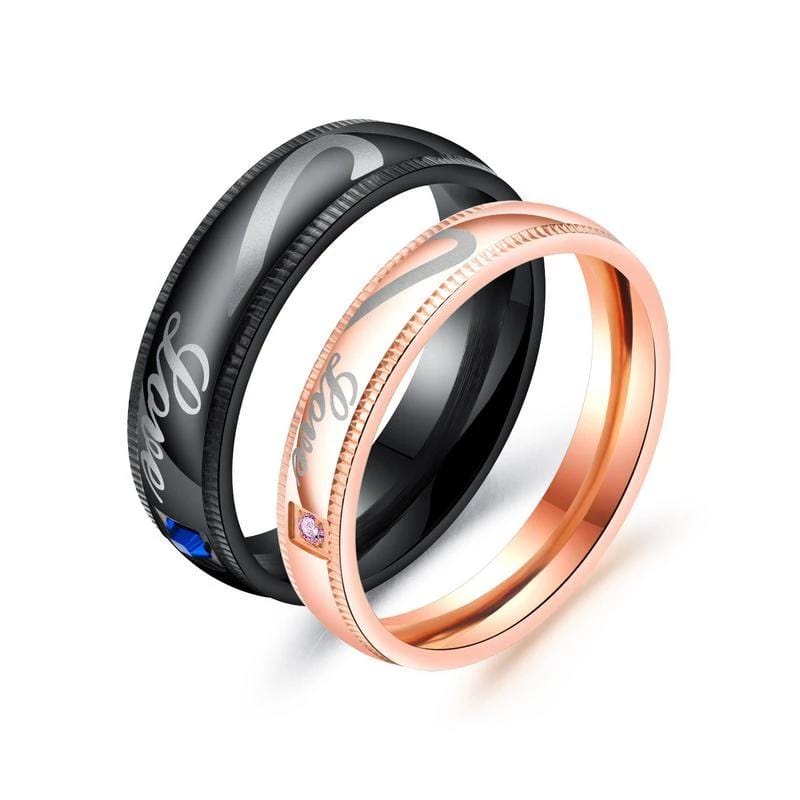 Matching Puzzle Heart Black and Rose Gold Couple Rings