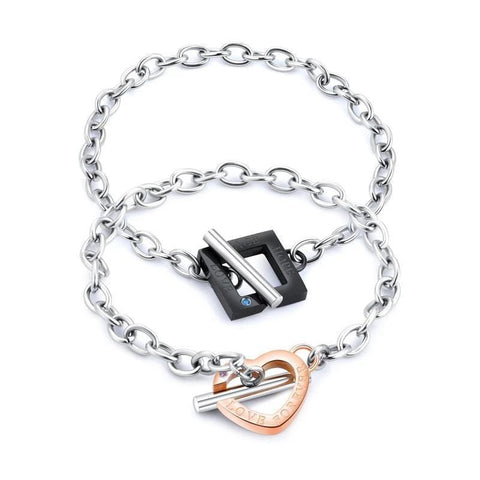 Matching Heart Key Necklace and Cross Lock Chain Bracelets for Couples