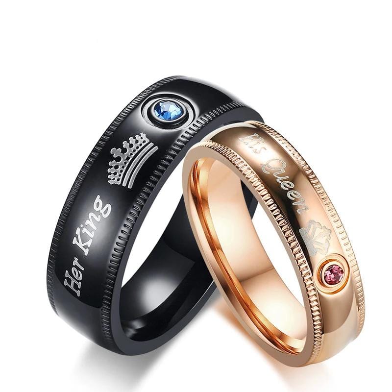 Her King His Queen Black and Rose Plated with Round Cut Gemstones Stainless Steel Couple Rings