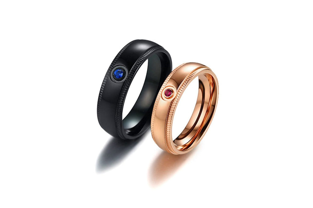 Round Cut Blue and Pink Gemstones Black and Rose Gold Plated Stainless Steel Promise Rings for Couples