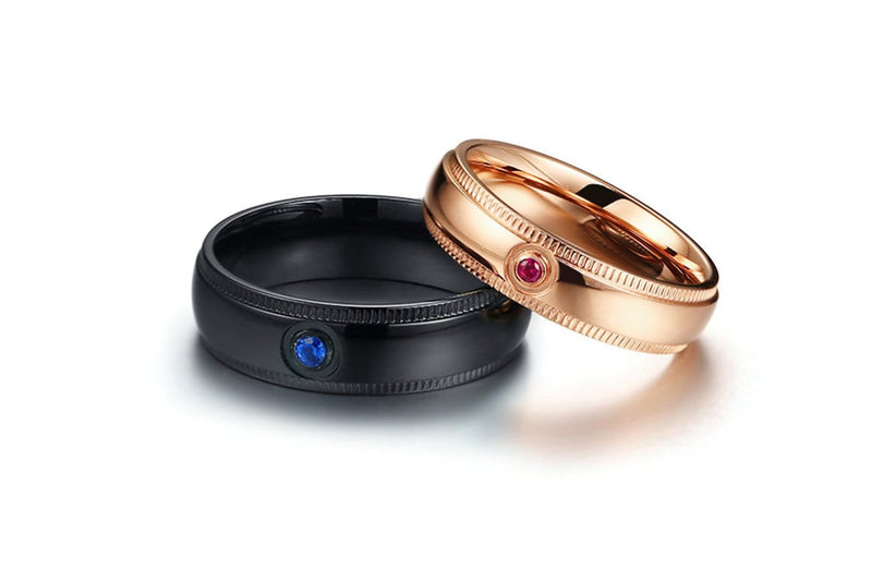 Round Cut Blue and Pink Gemstones Black and Rose Gold Plated Stainless Steel Promise Rings for Couples