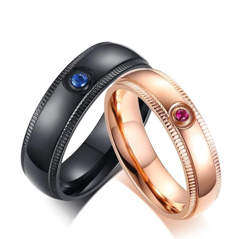 Round Cut Blue and Pink Gemstones Black and Rose Gold Plated Stainless Steel Promise Rings for Couples