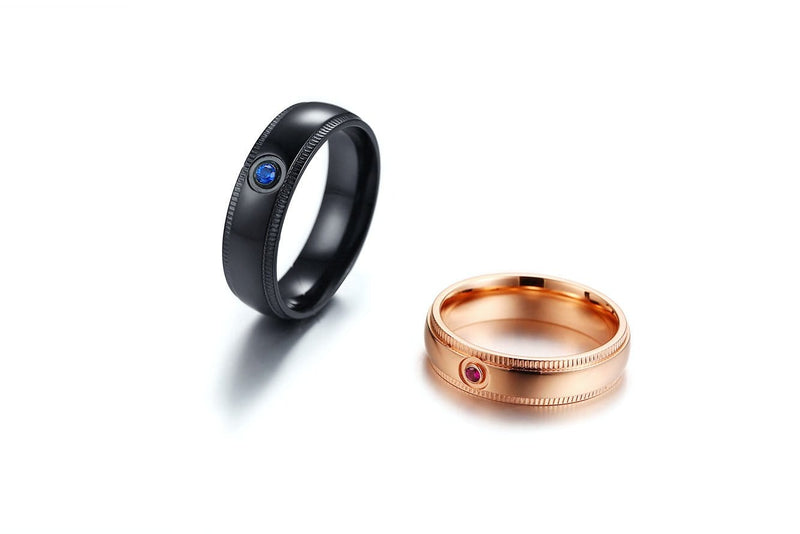 Round Cut Blue and Pink Gemstones Black and Rose Gold Plated Stainless Steel Promise Rings for Couples