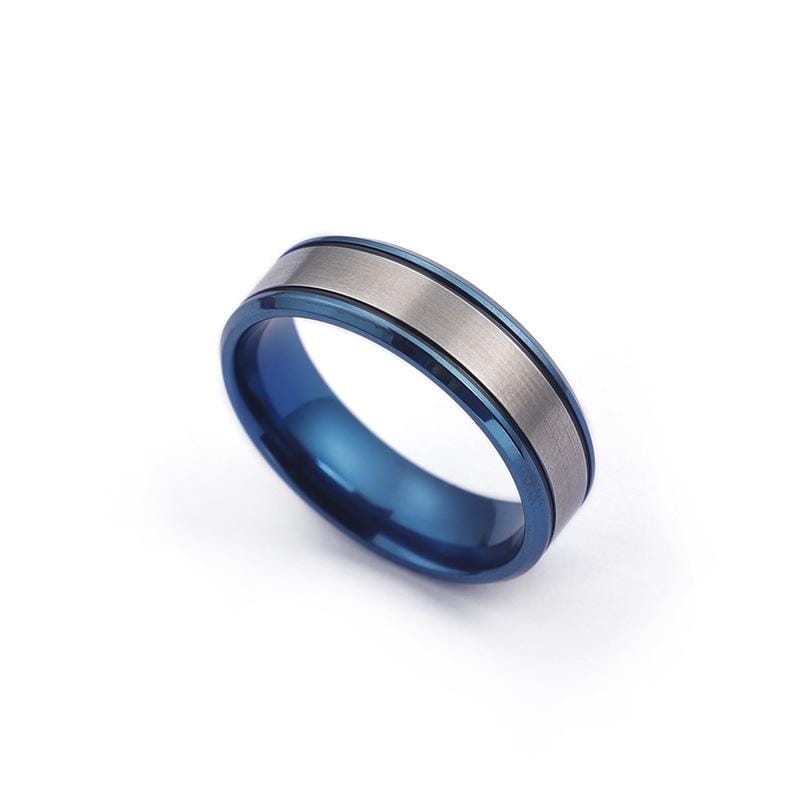Couple's Engravable Center Ribbon Tow-Tone with Blue IP Promise Rings in Titanium