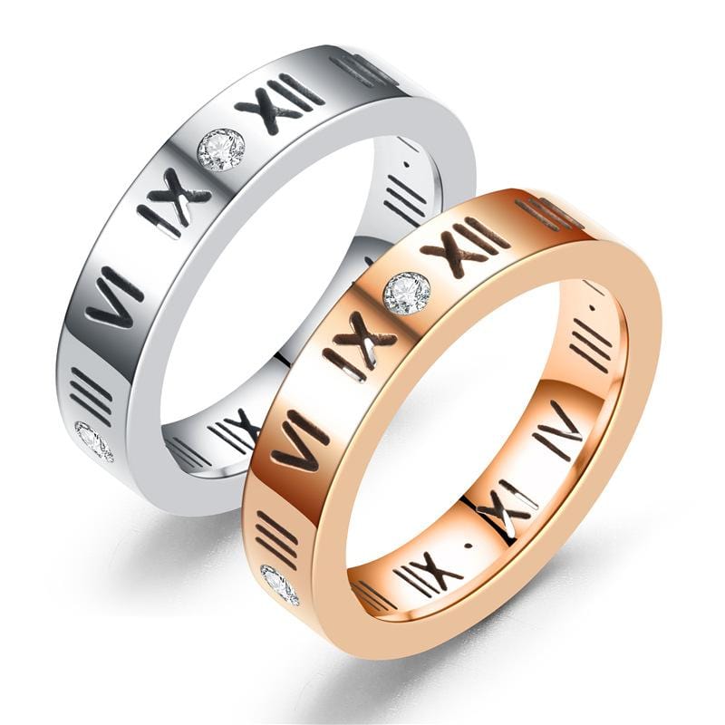 Diamond Roman Numeral Couple Rings with Gold IP-main