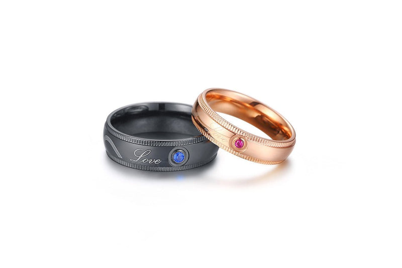 LOVE Black and Rose Gold Plated with Round Cut Gemstones Stainless Steel Couple Rings