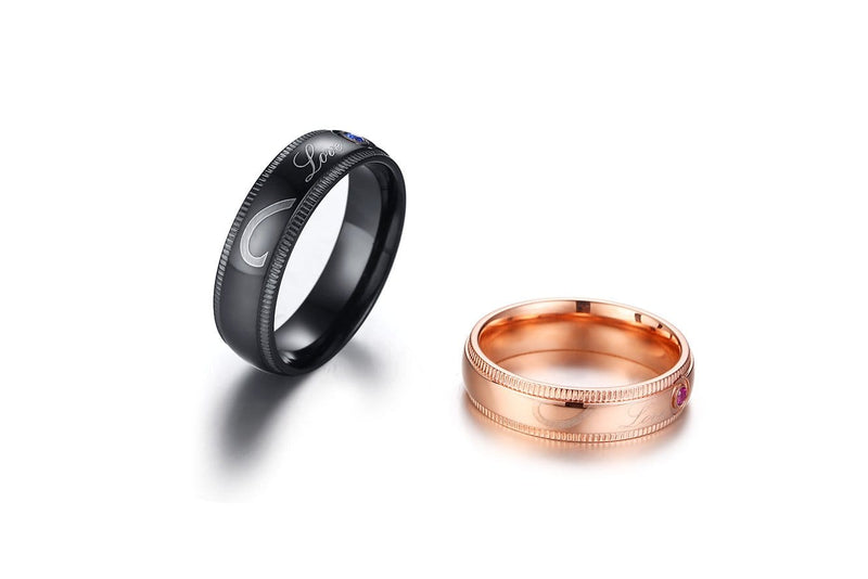 LOVE Black and Rose Gold Plated with Round Cut Gemstones Stainless Steel Couple Rings