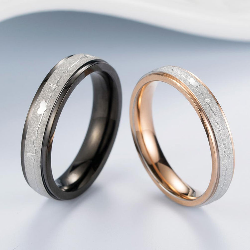 Couple's Engravable Heartbeats Two-Tone Titanium Promise Ring with Rose & Black IP