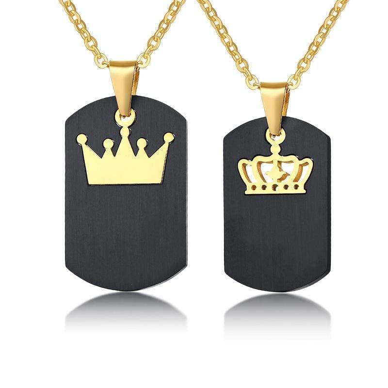 Black King & Queen Tag Couple Necklaces with Gold Crown