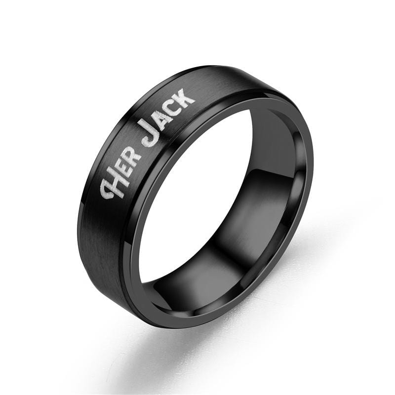 Couple's Engravable Her Jack & His Sally Promise Rings in Stainless Steel with Black IP
