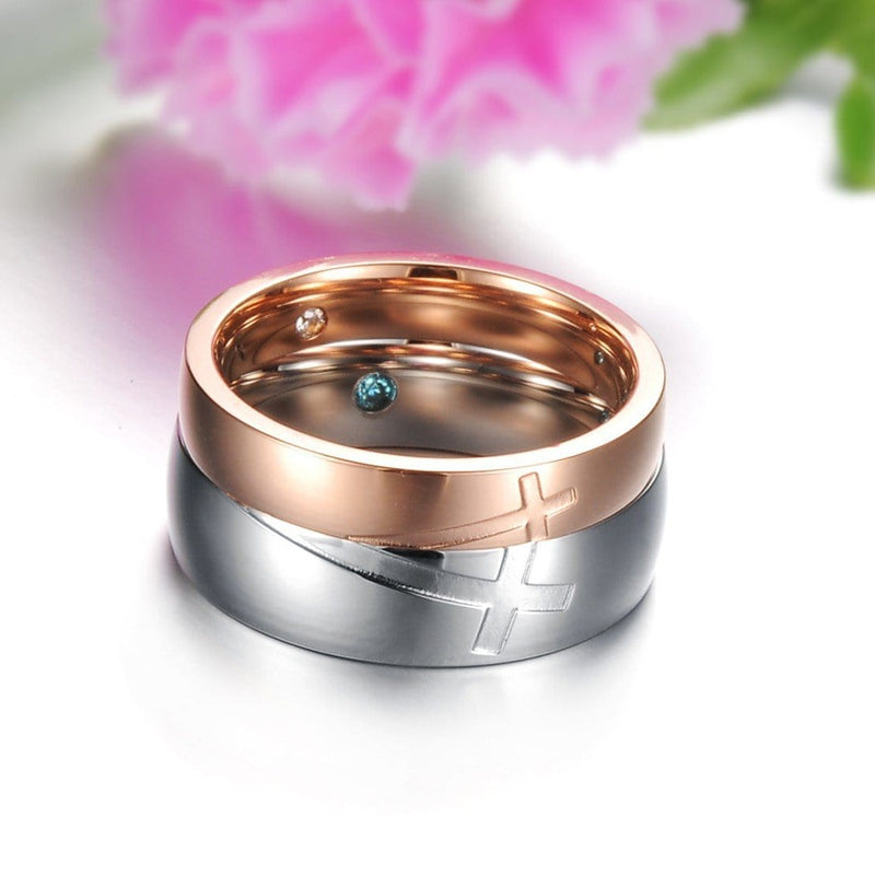 Silver and Rose Gold Cross Stainless Steel Couple Rings