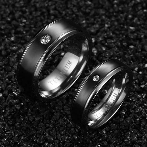 Black Titanium with Round Cut Gemstone Promise Rings for Couples