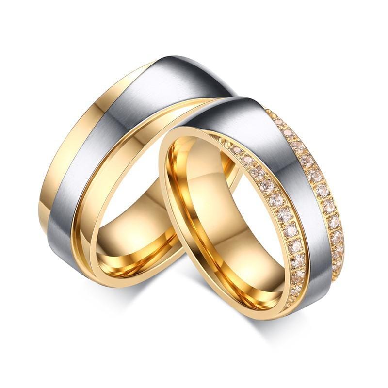 Round Cut Gemstones Yellow Gold and Silver Stainless Steel Promise Rings for Couples