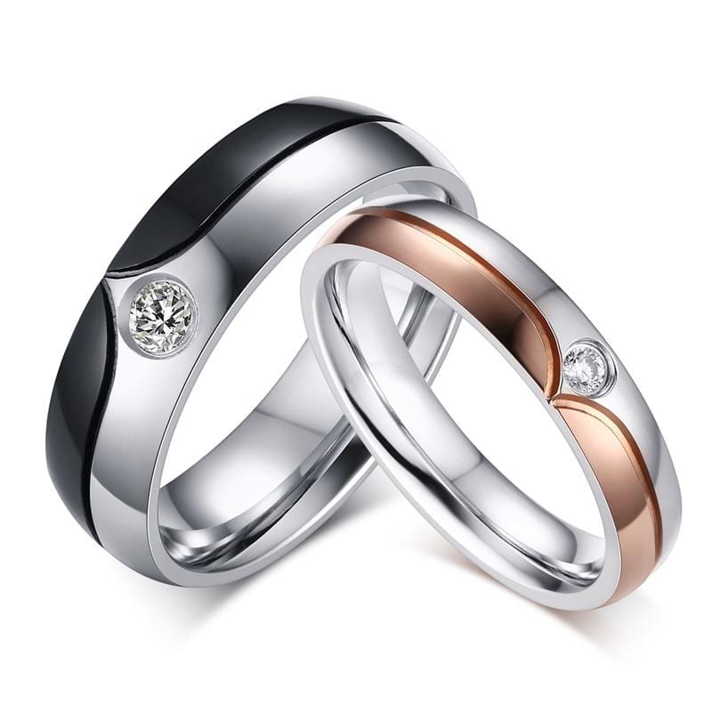 Black and Rose Gold Plated Round Cut Diamond Stainless Steel Couple Rings