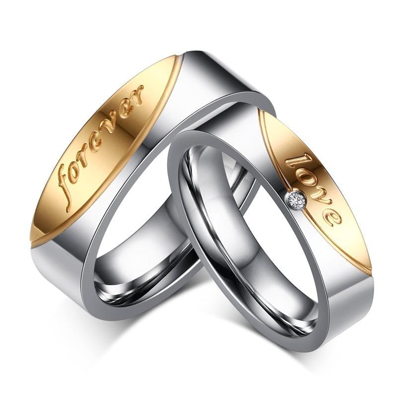 Forever Love Round Cut Gemstone Yellow Gold Plated Stainless Steel Couple Rings