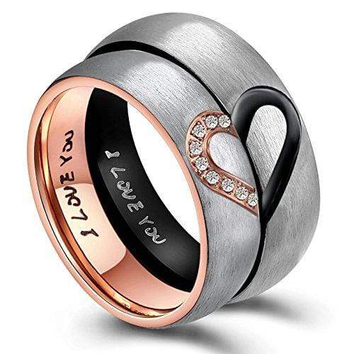 Matching Puzzle Heart Rose Gold and Black Stainless Steel Couple Rings