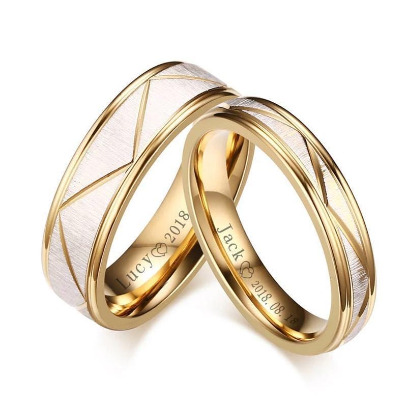Diamond Pattern Gold Plated Stainless Steel Couple Rings